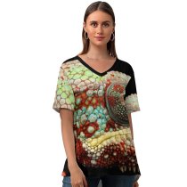 yanfind V Neck T-shirt for Women Black Dark Chameleon Lizard Multicolor Closeup Macro AMOLED HDR Summer Top  Short Sleeve Casual Loose