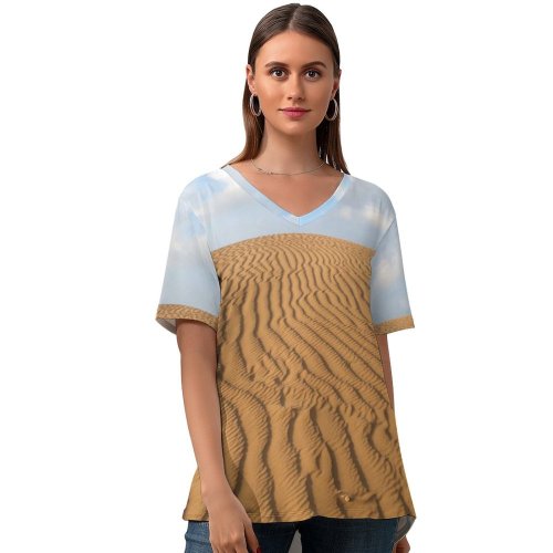 yanfind V Neck T-shirt for Women Sand Sky Muine Phanthiet Desert Erg Natural Aeolian Landform Sahara Dune Ecoregion Summer Top  Short Sleeve Casual Loose