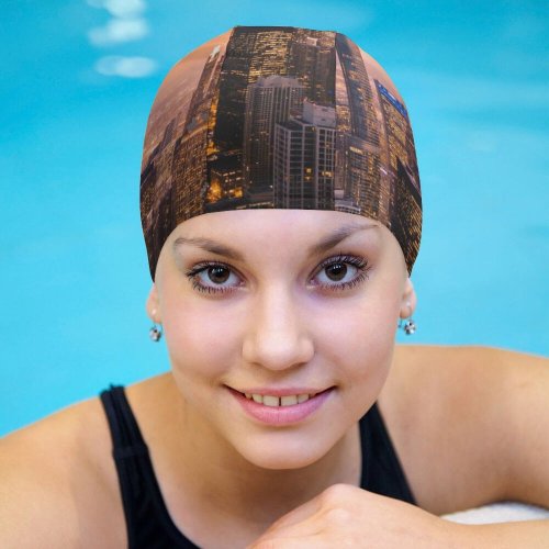 yanfind Swimming Cap Chicago Cityscape Skyscrapers Dawn Sunset City Lights Illinois USA Elastic,suitable for long and short hair
