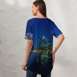 yanfind V Neck T-shirt for Women Anek Suwannaphoom Singapore Marina Bay Sands Downtown Cityscape City Lights Night Reflections Summer Top  Short Sleeve Casual Loose