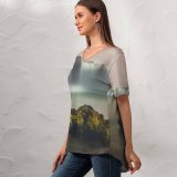 yanfind V Neck T-shirt for Women Robin Christ Goðafoss Waterfall Iceland Scenic Landscape Summer Top  Short Sleeve Casual Loose