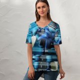 yanfind V Neck T-shirt for Women Sea Ocean Ripple Waves Starfish Stones Beach Underwater Decoration Abstract Colour Shapes Summer Top  Short Sleeve Casual Loose