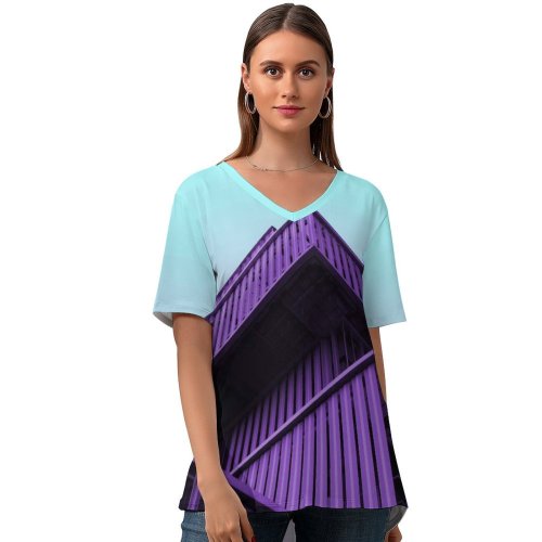yanfind V Neck T-shirt for Women Vitalik Vynarchyk Architecture Modern Contemporary Purple Building Clear Sky Summer Top  Short Sleeve Casual Loose