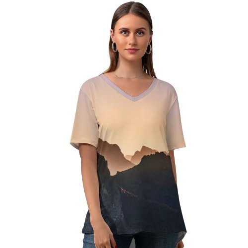 yanfind V Neck T-shirt for Women Luca Bravo Giau Pass Mountain Range Dolomites Sunrise Landscape Italy Summer Top  Short Sleeve Casual Loose