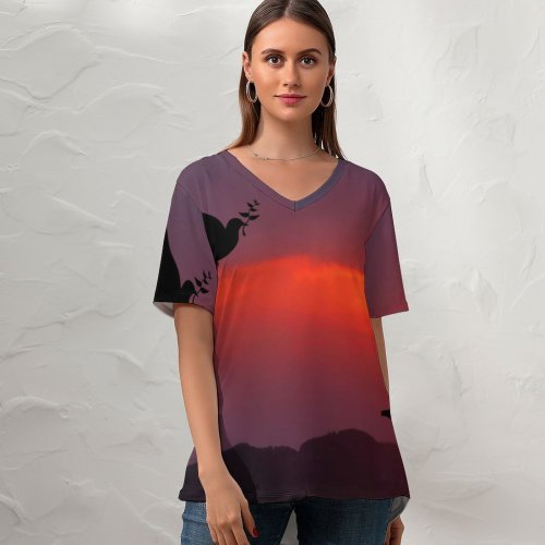 yanfind V Neck T-shirt for Women Love Couple Together Romantic Sunrise Dove Silhouette Summer Top  Short Sleeve Casual Loose
