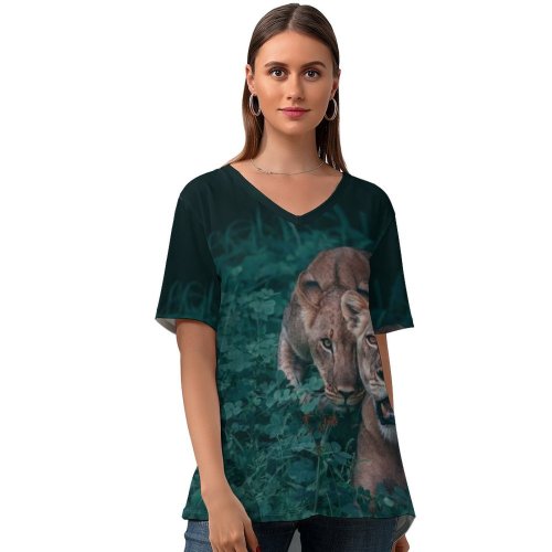 yanfind V Neck T-shirt for Women Cub Pair Grass Wildlife Wallpapers Chobe Cougar Hunt Puma Predator Lioness Summer Top  Short Sleeve Casual Loose