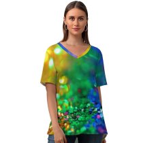 yanfind V Neck T-shirt for Women Sharon McCutcheon Glitter Colorful Multicolor Bokeh Assorted Sequins Summer Top  Short Sleeve Casual Loose