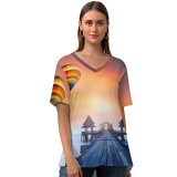 yanfind V Neck T-shirt for Women Anek Suwannaphoom Wooden Pier Hot Air Balloons Sunrise Daylight Foggy Colorful Summer Top  Short Sleeve Casual Loose