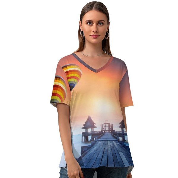 yanfind V Neck T-shirt for Women Anek Suwannaphoom Wooden Pier Hot Air Balloons Sunrise Daylight Foggy Colorful Summer Top  Short Sleeve Casual Loose