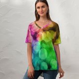 yanfind V Neck T-shirt for Women Barbara Lane Bokeh Colorful Lights Rainbow Summer Top  Short Sleeve Casual Loose