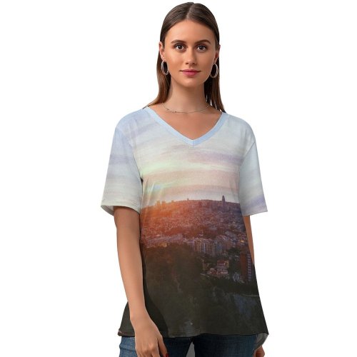 yanfind V Neck T-shirt for Women Building Sun Landscape Aerial Quiet Wallpapers Architecture Outdoors Scenery Slope Relax Summer Top  Short Sleeve Casual Loose
