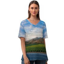 yanfind V Neck T-shirt for Women Country HQ Landscape Filed Hills Wallpapers Power Pole Free Road Pictures Summer Top  Short Sleeve Casual Loose