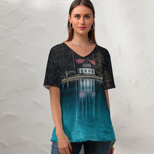 yanfind V Neck T-shirt for Women Eberhard Grossgasteiger Dark Forest Tall Trees Woods Lake Reflection Landscape Scenery Summer Top  Short Sleeve Casual Loose