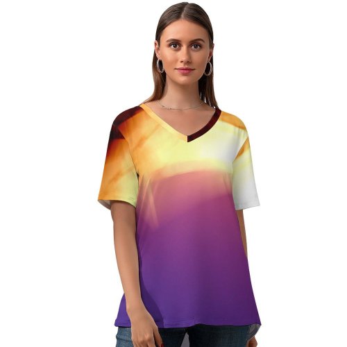 yanfind V Neck T-shirt for Women Star Metal Colum Wood Interior Light Magenta Cyan Purple Curl Curve Caos Summer Top  Short Sleeve Casual Loose