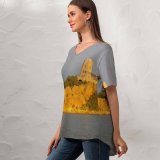 yanfind V Neck T-shirt for Women Tower Stone Lake Trees Quarry Sunset Grey Promontory Sea Coastal Oceanic Landforms Summer Top  Short Sleeve Casual Loose