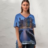 yanfind V Neck T-shirt for Women Manhattan York City City Lights Cityscape Blizzard Night Winter Summer Top  Short Sleeve Casual Loose