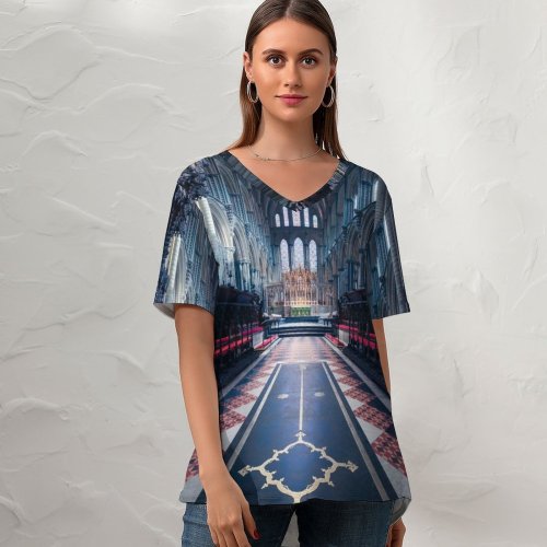 yanfind V Neck T-shirt for Women Otto Berkeley Ely Cathedral Church England Ancient Architecture United Kingdom Peaceful Interior Summer Top  Short Sleeve Casual Loose