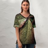 yanfind V Neck T-shirt for Women Wet Leaves Rainy Drops Closeup Macro Rain HDR Summer Top  Short Sleeve Casual Loose