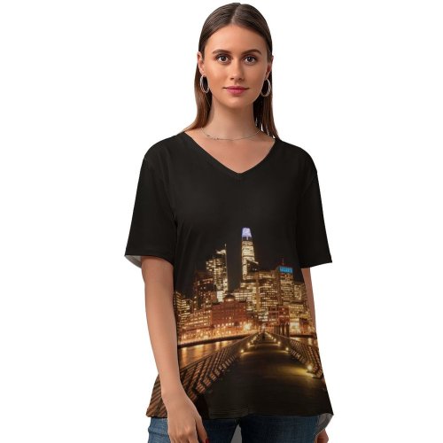yanfind V Neck T-shirt for Women Black Dark San Francisco City Cityscape Night Time City Lights Skyscrapers Waterfront Summer Top  Short Sleeve Casual Loose