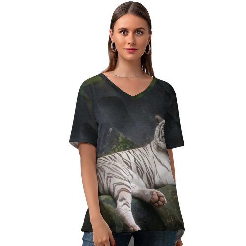 yanfind V Neck T-shirt for Women Anek Suwannaphoom Bengal Tiger Cave Tiger Wild Summer Top  Short Sleeve Casual Loose