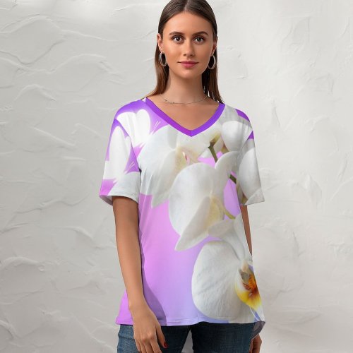 yanfind V Neck T-shirt for Women Flowers Orchid Flowers Orchids Summer Top  Short Sleeve Casual Loose