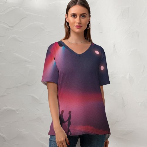 yanfind V Neck T-shirt for Women Love Couple Silhouette Traffic Lights Night Romantic Focus Spectrum Moon Road Summer Top  Short Sleeve Casual Loose