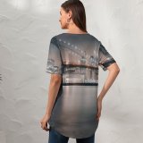 yanfind V Neck T-shirt for Women Lerone Pieters Brooklyn Bridge Night City Lights Cityscape Reflections Hudson River Brooklyn Summer Top  Short Sleeve Casual Loose