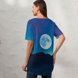 yanfind V Neck T-shirt for Women Kien Virak Moon Aurora Borealis Night Time Mountain Silhouette Landscape Starry Sky Summer Top  Short Sleeve Casual Loose