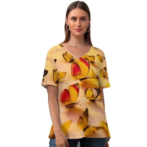 yanfind V Neck T-shirt for Women Drz Colorful Butterflies Wall Decorations Butterflies Closeup Assorted Beautiful Summer Top  Short Sleeve Casual Loose