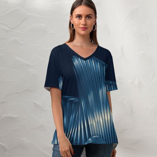 yanfind V Neck T-shirt for Women Luca Bravo Modern Architecture Night Urban Building Summer Top  Short Sleeve Casual Loose