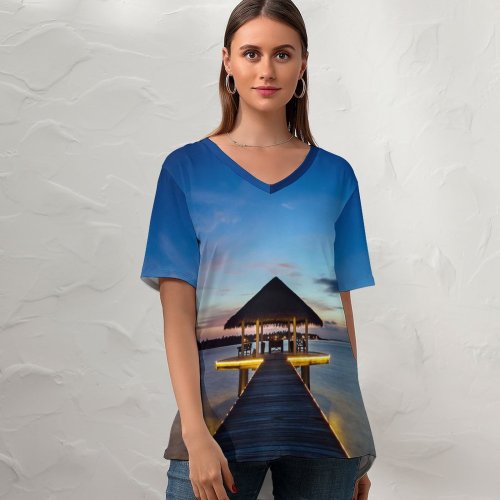 yanfind V Neck T-shirt for Women Andrey Alekseev Kihaadhuffaru Island Maldives Villa Wooden Pier Seascape Sky Landscape Scenic Summer Top  Short Sleeve Casual Loose