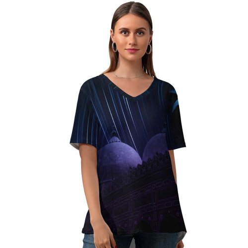 yanfind V Neck T-shirt for Women Nouman Younas Black Dark Badshahi Lahore Pakistan Masjid Star Trails Dark Night Summer Top  Short Sleeve Casual Loose