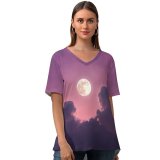 yanfind V Neck T-shirt for Women Moon Clouds Sky Summer Top  Short Sleeve Casual Loose
