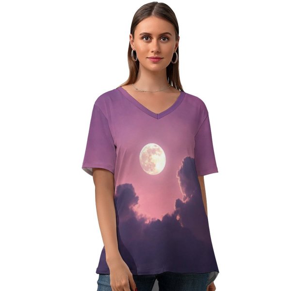 yanfind V Neck T-shirt for Women Moon Clouds Sky Summer Top  Short Sleeve Casual Loose