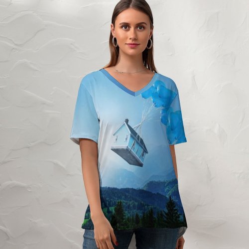 yanfind V Neck T-shirt for Women Comfreak Fantasy Landscape Balloons Sky Trees Mystic Sun Light Summer Top  Short Sleeve Casual Loose