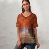 yanfind V Neck T-shirt for Women Autumn Trees Path Foggy Mist Morning Fall Summer Top  Short Sleeve Casual Loose