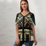 yanfind V Neck T-shirt for Women Vitral Glass Art Crafts Window Light Venezuela Alemania Colony Tovar Paintings Translucent Summer Top  Short Sleeve Casual Loose