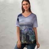yanfind V Neck T-shirt for Women Denys Nevozhai Hong Kong City River Night Time Skyscrapers Clouds Cityscape Summer Top  Short Sleeve Casual Loose