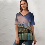 yanfind V Neck T-shirt for Women Danny García Brooklyn Bridge York Cityscape City Lights Reflections Skyscrapers Suspension Bridge Summer Top  Short Sleeve Casual Loose