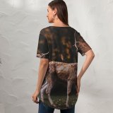yanfind V Neck T-shirt for Women Fallow Deer Squirrel Bird Trees Forest Autumn Summer Top  Short Sleeve Casual Loose