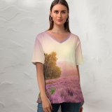 yanfind V Neck T-shirt for Women Gerard Spring Sunrise Landscape Purple Heath Countryside Summer Top  Short Sleeve Casual Loose