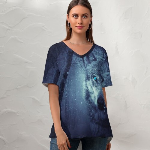 yanfind V Neck T-shirt for Women Black Dark Wolf Eyes Snowfall Winter Night Forest Summer Top  Short Sleeve Casual Loose