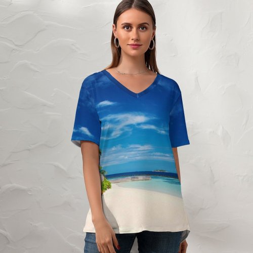 yanfind V Neck T-shirt for Women Baros Maldives Island Seascape Tropical Beach Sky Horizon Ocean Landscape Huts Scenery Summer Top  Short Sleeve Casual Loose