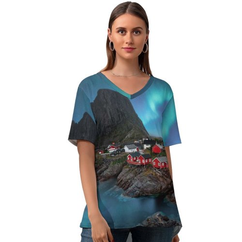 yanfind V Neck T-shirt for Women Lofoten Islands Aurora Borealis Landscape Night Stars Mountain Sky Summer Top  Short Sleeve Casual Loose