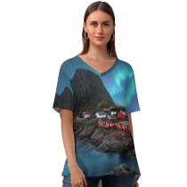 yanfind V Neck T-shirt for Women Lofoten Islands Aurora Borealis Landscape Night Stars Mountain Sky Summer Top  Short Sleeve Casual Loose