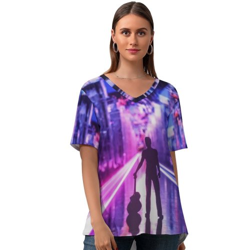 yanfind V Neck T-shirt for Women Carsen Haycock Graphics CGI Neon Guitar Musician Silhouette Cyberpunk Future City Summer Top  Short Sleeve Casual Loose