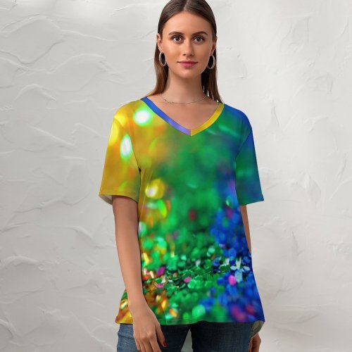 yanfind V Neck T-shirt for Women Sharon McCutcheon Glitter Colorful Multicolor Bokeh Assorted Sequins Summer Top  Short Sleeve Casual Loose
