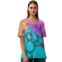 yanfind V Neck T-shirt for Women Bruno Bosse Abstract Bubbles Spectrum Colorful Teal Turquoise Summer Top  Short Sleeve Casual Loose