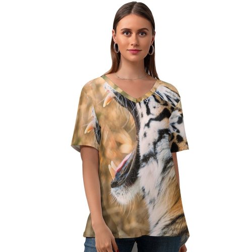 yanfind V Neck T-shirt for Women Eric Kilby Tiger Roaring Summer Top  Short Sleeve Casual Loose