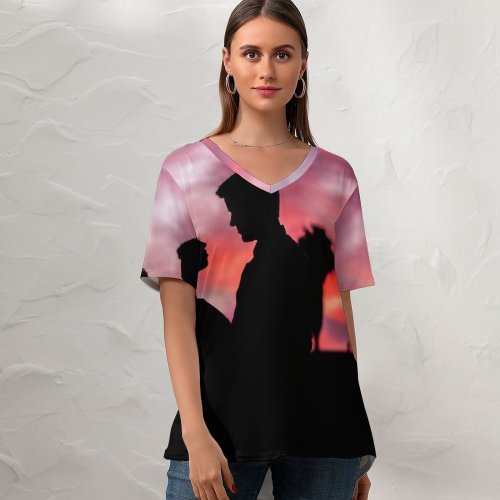 yanfind V Neck T-shirt for Women Travis Grossen Love Couple Silhouette Sunset Romantic Summer Top  Short Sleeve Casual Loose